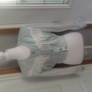 Nevada Blue vintage fringe crop jacket size small denim with chafon voile sleeve